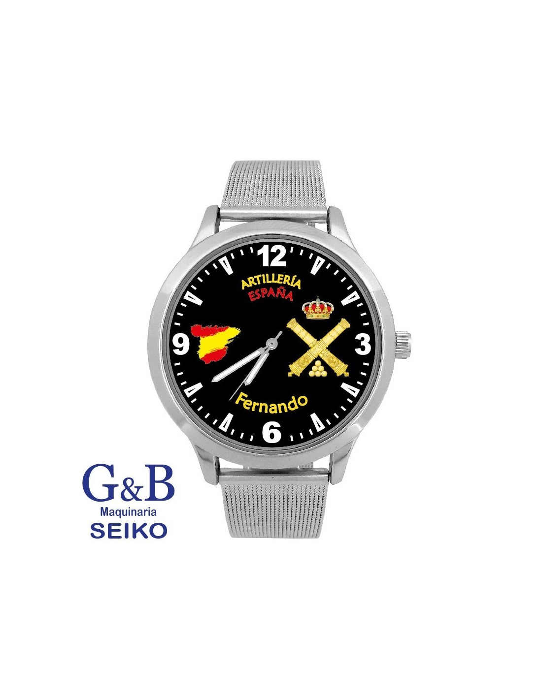 Reloj marca G&B con correa de malla acero. Personalizado Militar.